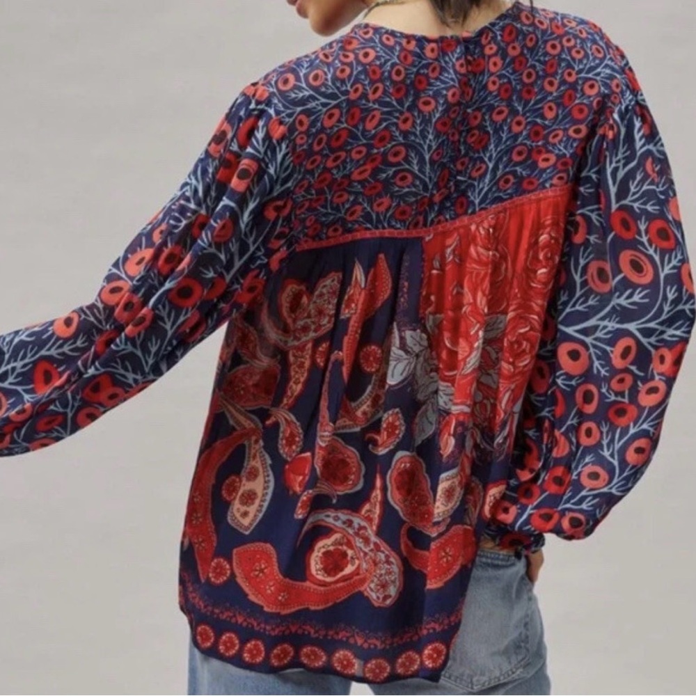 Anthro BLNK Miranda Peasant Red Blue Print Blouse Shirt Top - Picture 14 of 15
